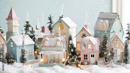Pastel Christmas Village: Design a charming holiday village scene with pastel-colored cottages, twinkling lights, and festive decorations against a light and airy backdrop. © Princess