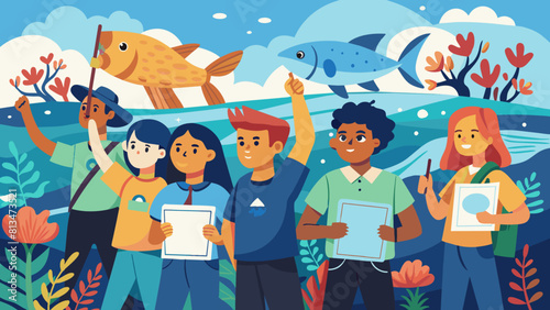 Marine Conservation Protest: Students Rally for Ecosystem Protection. Perfect for: World Oceans Day, Environmental Awareness Day, environmental protest, youth activism.