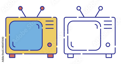 Thin line stroked color icon. Old TV with portable antenna. Equipment for broadcasting television programs and reports. Simple vector isolated on white background