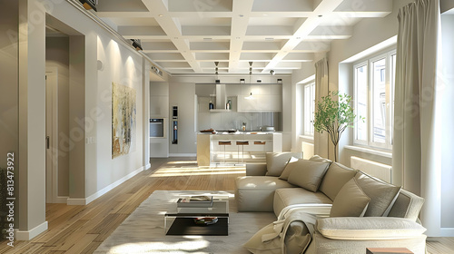 Modern style living room interior design with light gray walls, white ceiling and wooden floor.