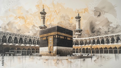 Holy Kaaba in Mecca, Saudi Arabia. A style in colored pencil sketch