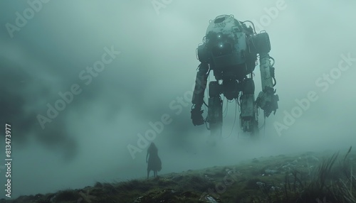 A giant robot stands in a foggy landscape. A woman stands in the foreground. photo