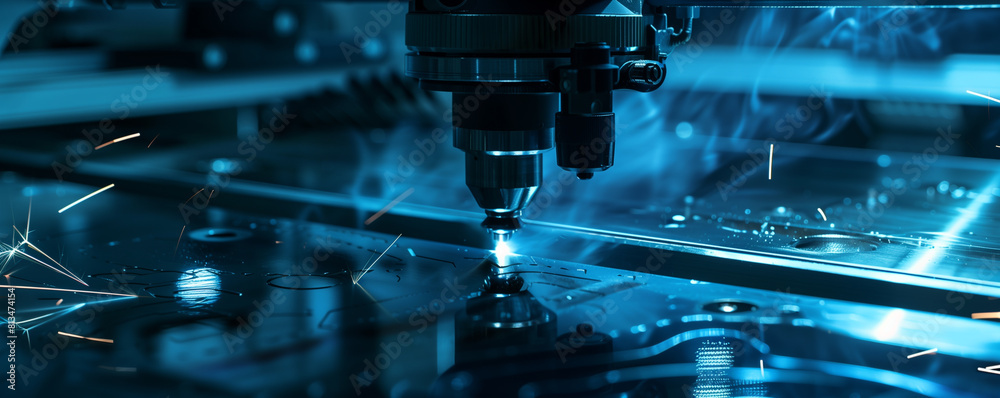 Fototapeta premium High Precision Laser Engraving on Metal in a Modern Industrial Setting