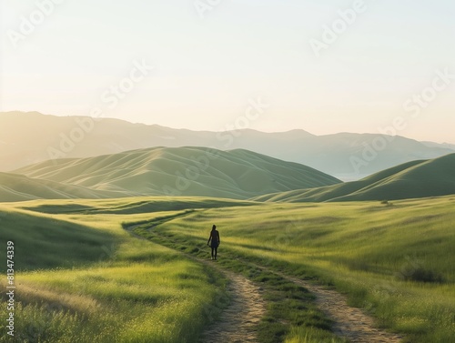 A single person walks along a winding trail through lush, green rolling hills bathed in golden light.
