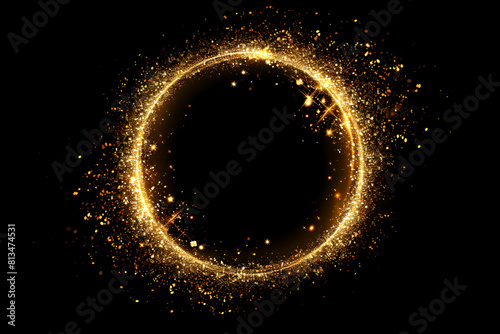 Gold glitter circle of light shine sparkles and golden spark particles in circle frame on black background. Christmas magic stars glow, firework confetti of glittery ring shimmer