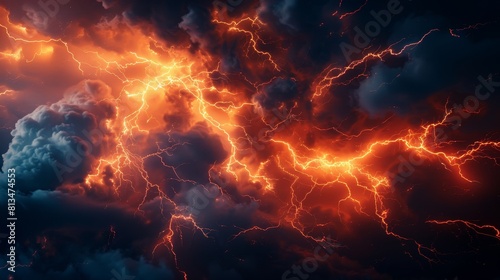 Artistic close-up of intense lightning bolts illuminating the sky, focused sharply for clarity, with an isolated dark background, studio lit
