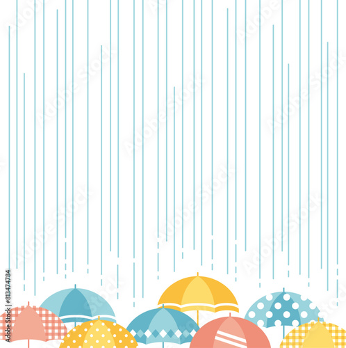 Cute background illustration of rainy day with colorful patterned umbrella