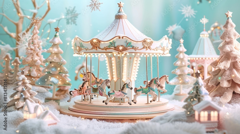 Pastel Christmas Carousel: Create a festive carousel scene with soft pastel hues, featuring whimsical animals, cheerful music, and joyful holiday characters in a light and airy setting.