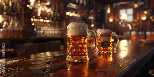 Two beer mugs on wooden bar counter 