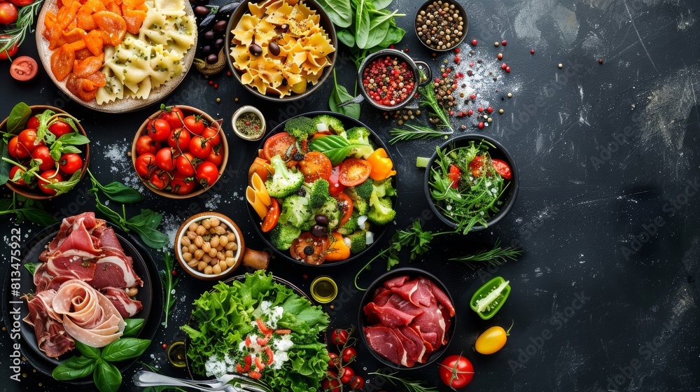 Advertising shot, top view of colorful pasta, salads, fish, and meats, with sauces and vegetables on a dark background, clear focus