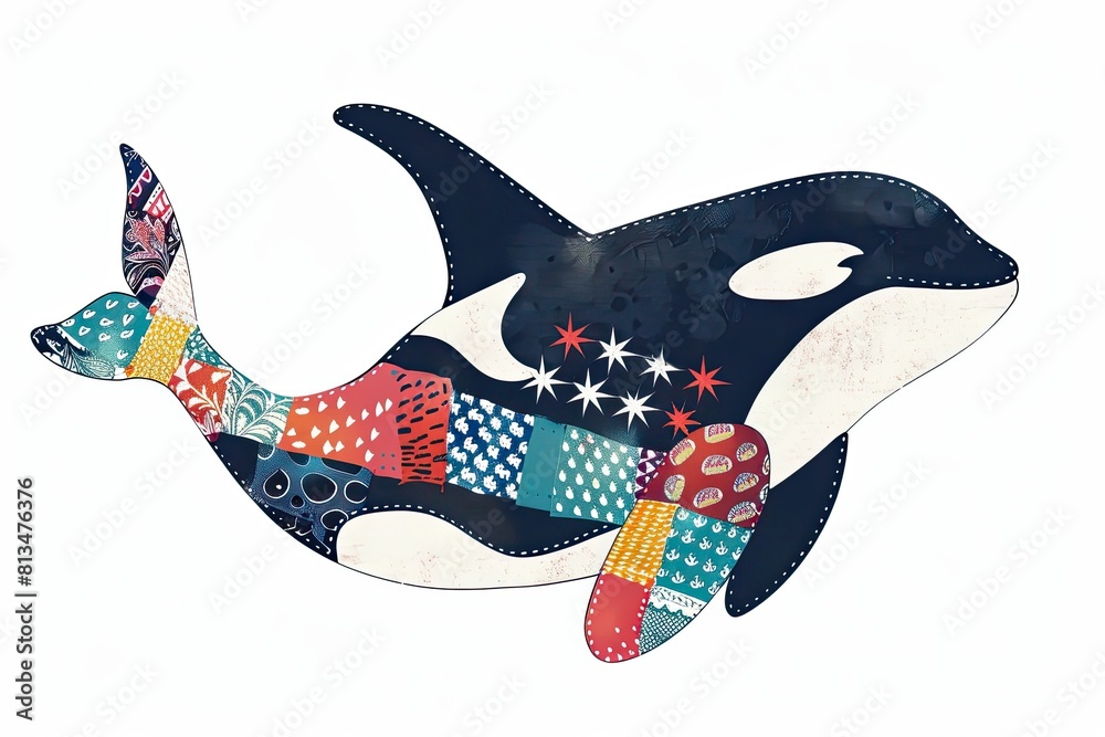 Cute Orca with colorful patchwork geometric pattern and abstract ...