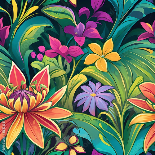 Seamless floral pattern depicting a hidden garden.
