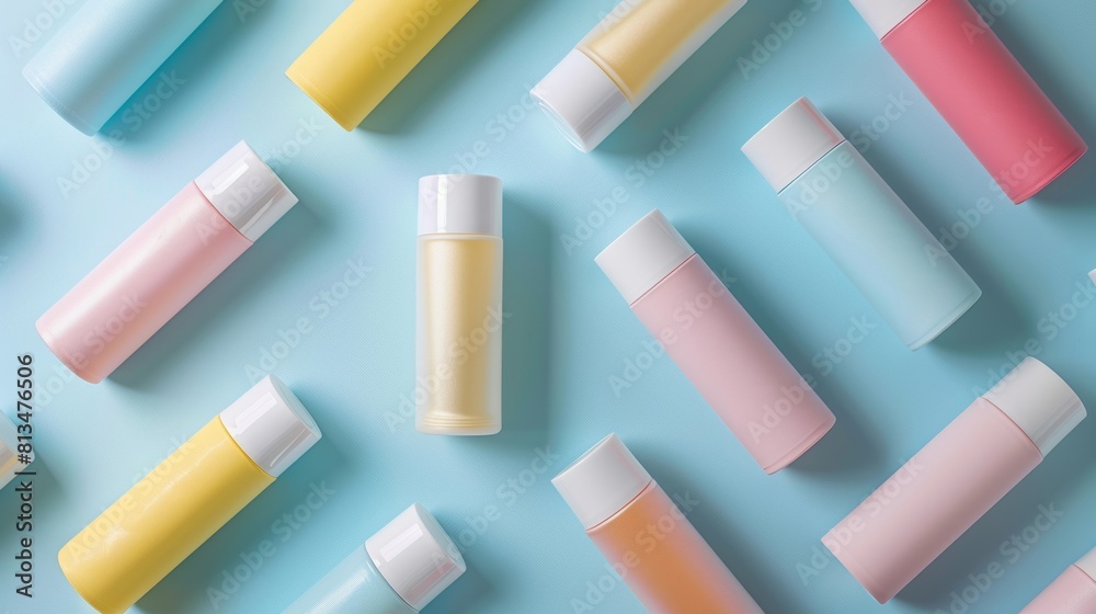 Advertising-ready shot of deodorant spray and roll-ons, from a top view, arranged neatly on an isolated backdrop, studio lights Advertising-ready shot of deodorant spray and roll-ons, from a top view, arranged neatly on an isolated backdrop, studio lights