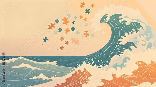 Art Peaceful Wave Crashing on Sandy Shore with Puzzle Pieces for Autism Awareness Generative ai photo