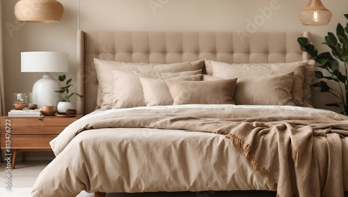 Modern house interior details. Simple cozy beige bedroom interior with bed headboard, linen bedding, bedside table and natural decorations, closeup. Ai generative
