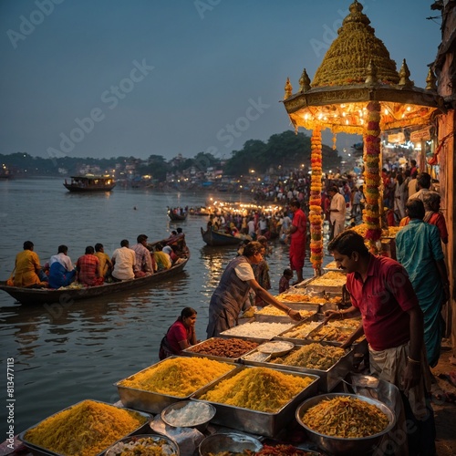 Showcase the traditional food stalls offering delicious sweets and snacks along the ghats for Ganga Dussehra.
 photo