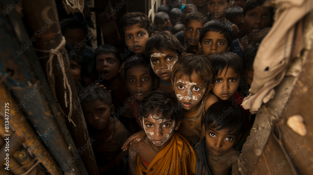 Group of Indian children, faces smeared with dirt, gather in narrow alleyways of Kukaal village, eyes alight with curiosity and mischief. Shot from extreme wide angle, photo captures cramped quarters Group of Indian children, faces smeared with dirt, gather in narrow alleyways of Kukaal village, eyes alight with curiosity and mischief. Shot from extreme wide angle, photo captures cramped quarters