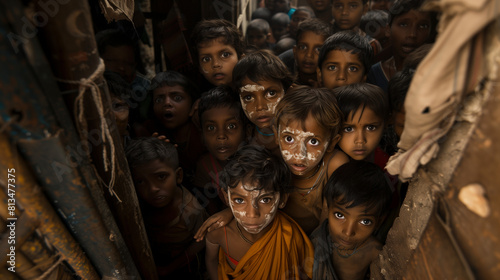 Group of Indian children, faces smeared with dirt, gather in narrow alleyways of Kukaal village, eyes alight with curiosity and mischief. Shot from extreme wide angle, photo captures cramped quarters 