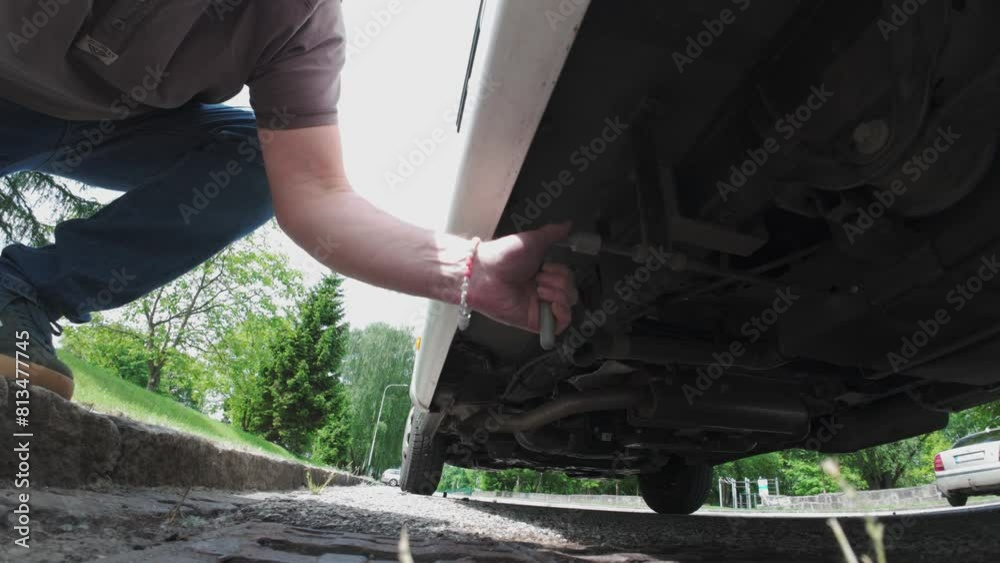 A person discharges grey water from a caravan using the handle.