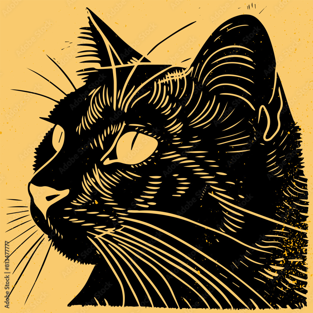 Hand drawn Cat in linocut textured style. Isolated on white background ...