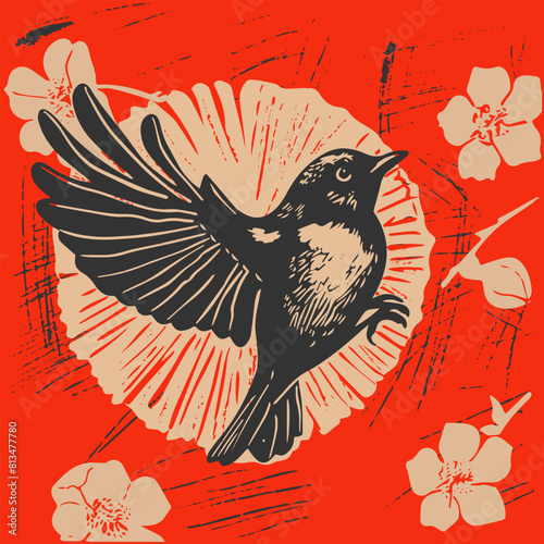 A simple linocut print of a bird singing in flight, with  flowers around it. Woodcut style of vector illustration. Red and black color palette