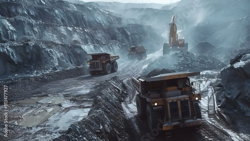 Extracting Magnetite Iron Ore from Open Pit Mines and Loading into Large Dump Trucks. Concept Mining Operations, Heavy Machinery, Ore Extraction, Dump Truck Loading, Open Pit Mining
