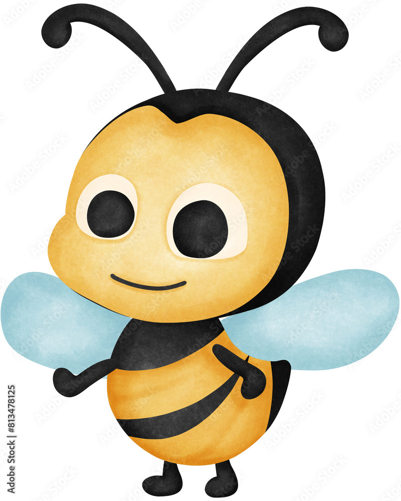 Illustration of a cute cartoon bee. Watercolor hand drawn.