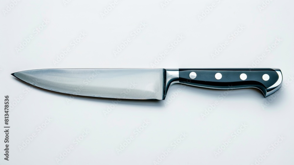 Advertising-focused top view of a large, polished kitchen knife, isolated on a white background, highlighting its clear and sharp design Advertising-focused top view of a large, polished kitchen knife, isolated on a white background, highlighting its clear and sharp design