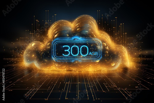 Hologram cloud icon, blue golden digits flow, futuristic web tech, code backdrop photo