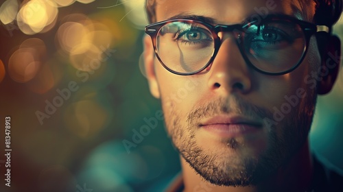 A man with glasses gazes confidently, a symbol of individuality and creativity, vintage filte photo