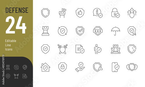 Defense Editable Icons set. Vector illustration in modern thin line style of protection related icons: shield, defender, tower, and more. Pictograms and infographics for mobile apps. 