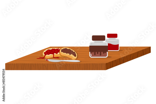 Sandwiches with chocolate pasta and jam and cooking knife on a wooden cutting board vector illustration isolated on a white background.