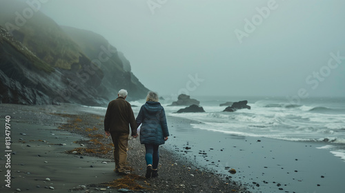 A middle-aged couple, both with silver hair, walks hand in hand along the deserted shore of a misty beach, their laughter echoing in the quiet solitude. Shot from afar, the photo captures their love