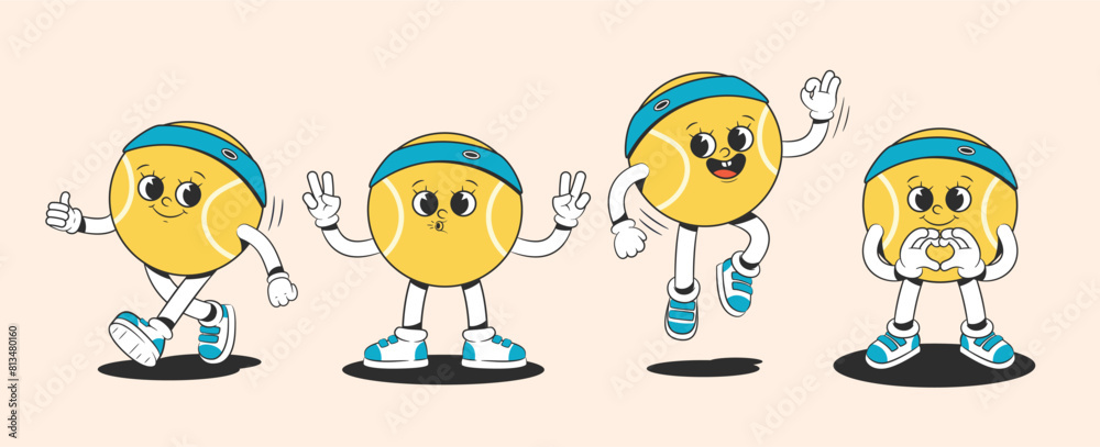 Cartoon groovy tennis ball character in groovy style in different poses. Characters from the 30s. Funny colorful illustration in hippie style. Cartoon groovy tennis ball character in groovy style in different poses. Characters from the 30s. Funny colorful illustration in hippie style.