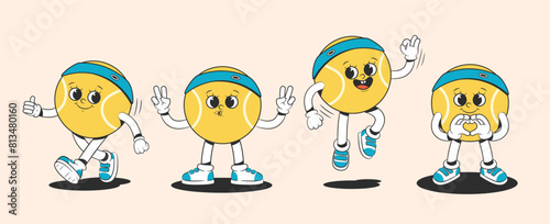 Cartoon groovy tennis ball character in groovy style in different poses. Characters from the 30s. Funny colorful illustration in hippie style.