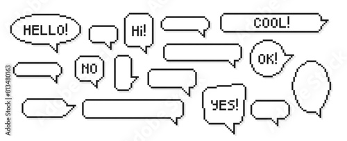 Speech bubbles of various shapes in the pixel art style. Set of empty pixelated speech bubbles with text. Vector illustration on a white background. photo