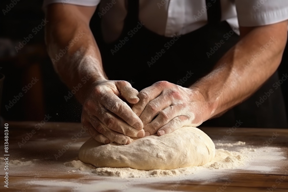 Close-up of a male baker's hands kneading dough on a large wooden table sprinkled with flour in a bakery, restaurant kitchen.