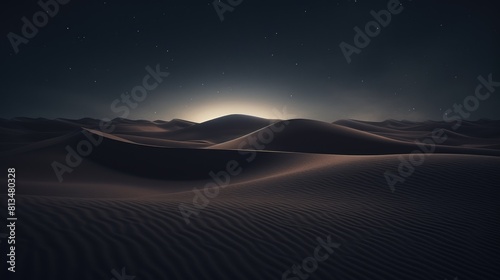 Sand dunes overlooking the sunset  sunrise. Desert at night under a starry sky. In the night sky galaxies and nebulae. Mystical  surreal background.