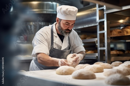 A male baker in a chef's hat kneads dough by hand on a large table sprinkled with flour in a bakery, restaurant kitchen.