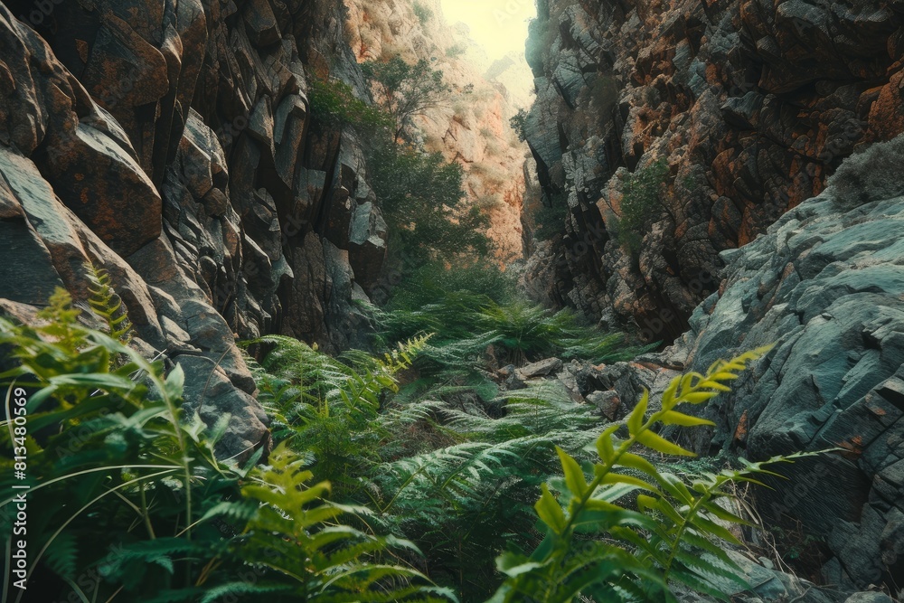 Cascading ferns in a canyon photo on white isolated background