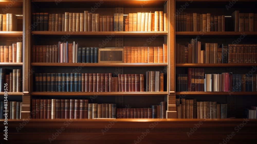 A cozy library illuminated by dim lights. Shelves with a variety of books, printed publications. A cozy library illuminated by dim lights. Shelves with a variety of books, printed publications.