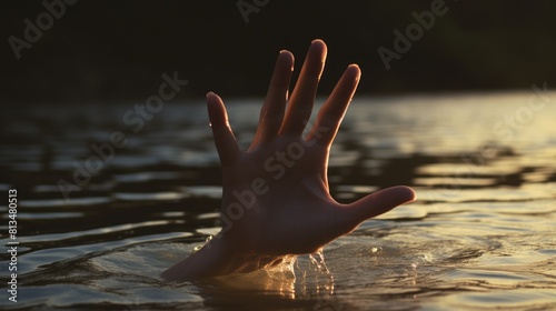 Palm with fingers spread out over the water. The hand of a drowning man calling for help. photo