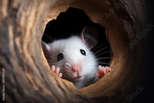 A mouse has gnawed a hole in a white wall and is peering out. A cute rodent looks out of the hole with curiosity. photo