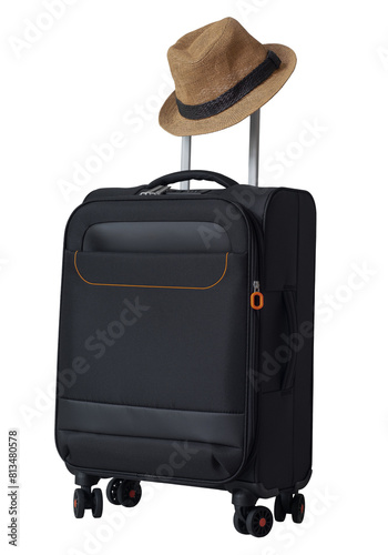 Hat on suitcase. Prepare equipment for traveling. Luggage element cut out © Win Nondakowit