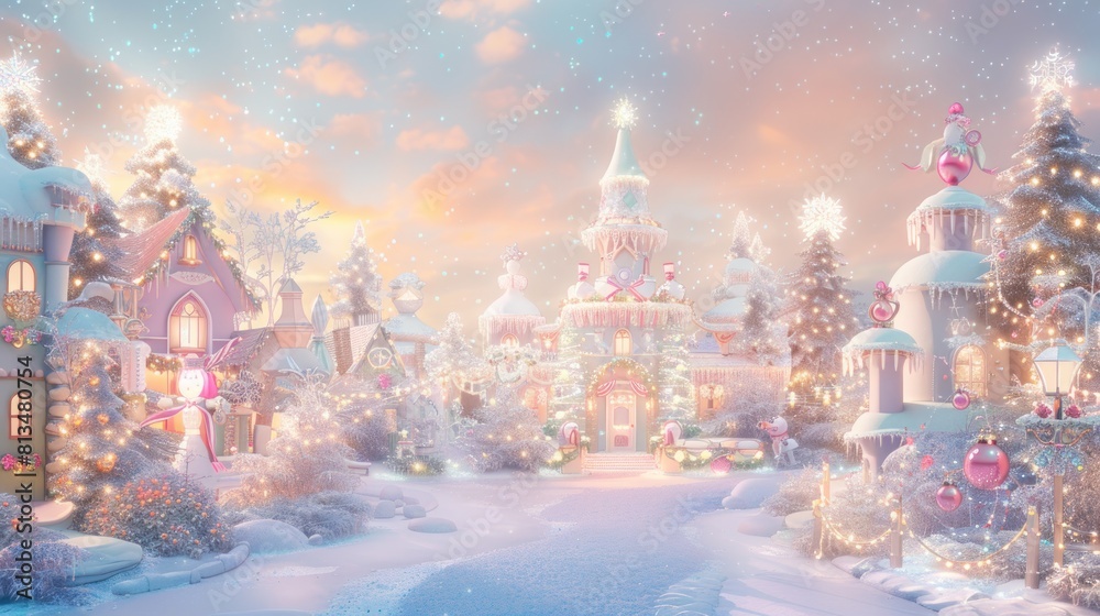 Pastel Nutcracker Fantasy: a whimsical holiday background with soft pastel hues, featuring classic Nutcracker characters, festive decorations, and a touch of holiday magic.