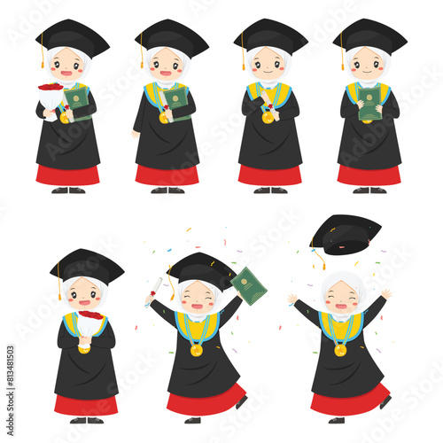 Happy Muslim Indonesia elementary student girl graduate from school character vector set with different gestures.
