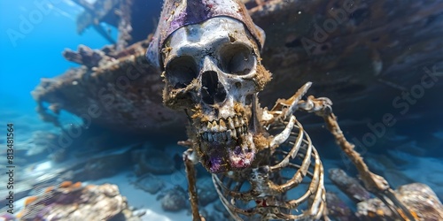 Stylish Pirate Captain's Skeleton Rests Near Shipwreck at Ocean Floor. Concept Fantasy, Underwater, Pirate, Shipwreck, Skeleton