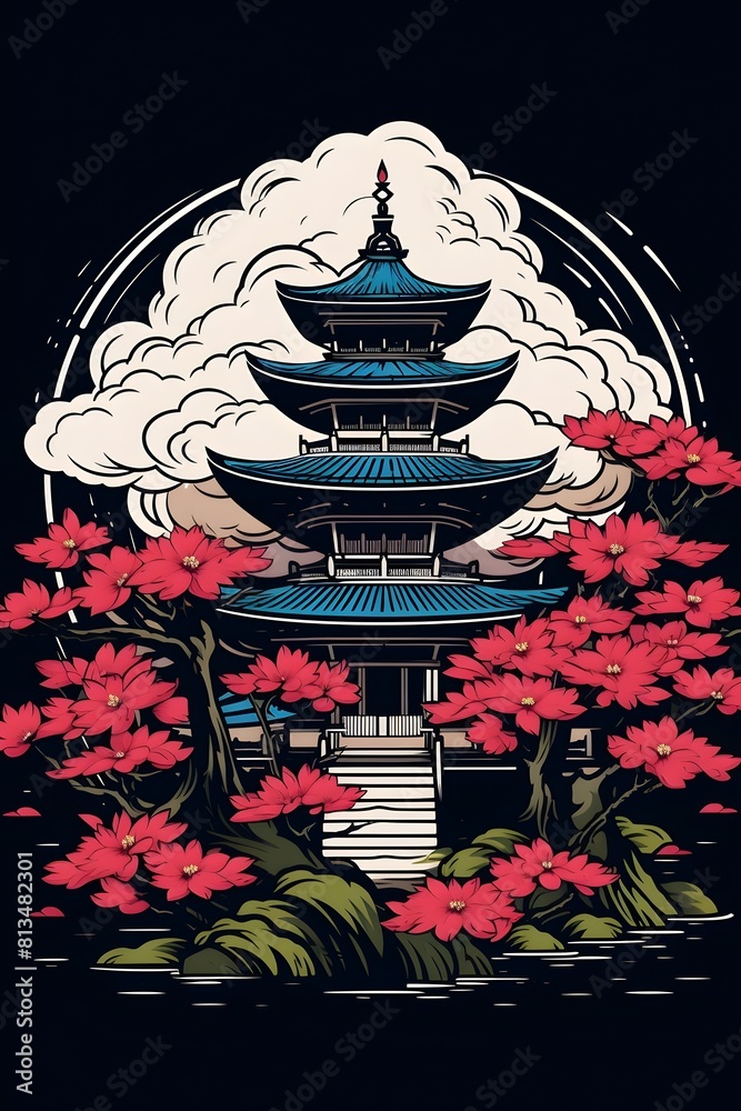 Serene Japanese Pagoda Temple Surrounded by Cherry Blossoms and Pine Trees Representing Spirituality and Inner Peace