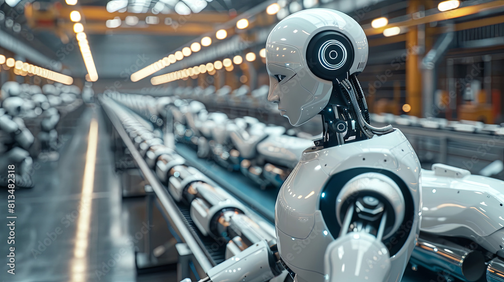 Production of android robots at the factory, modern future technology concept Production of android robots at the factory, modern future technology concept