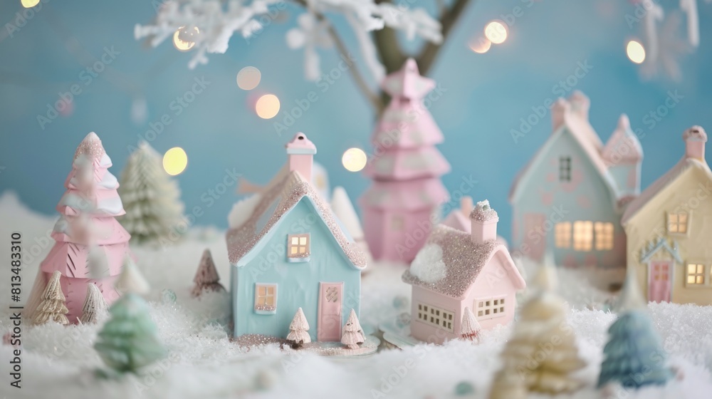 Pastel Snowy Village:  a charming holiday village scene with pastel-colored cottages, twinkling lights, and festive decorations against a light and airy backdrop. 